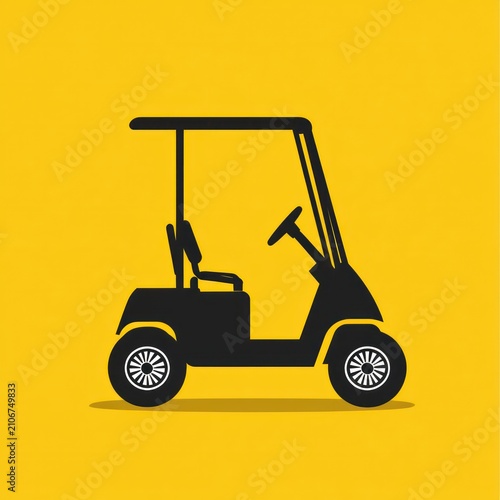 black golf cart silhouette with roof, steering wheel, seat and wheels casting a shadow on a bright yellow background, cheerful minimalist vector illustration
