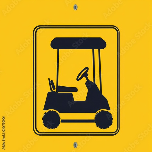 cautionary yellow sign showing black silhouette of a small roofed cart with steering wheel, seat and chunky tires, mounted with visible screws, evoking alertness
