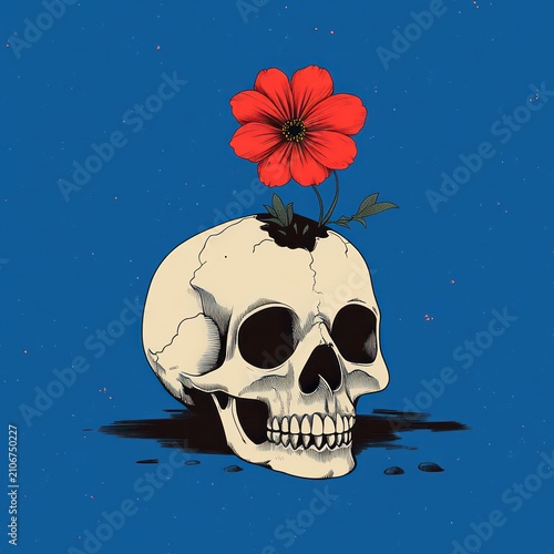 cracked human skull with a red flower sprouting from the top against a deep blue background, evoking melancholic hope and renewal