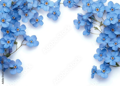 Delicate blue flowers and green stems framing a white blank center, serene floral border and gentle spring composition