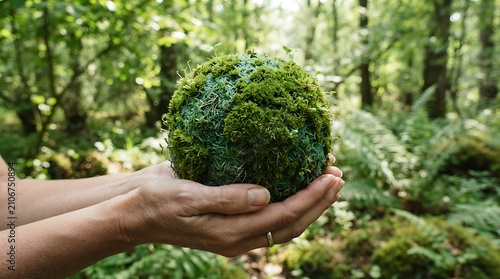 Person holding lush green moss ball in sunlit forest environment