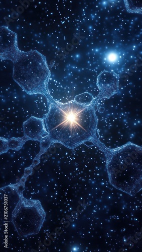 luminous hexagonal molecular network with connected strands floating in a deep blue starfield and a bright radiant central light evoking wonder and cosmic mystery