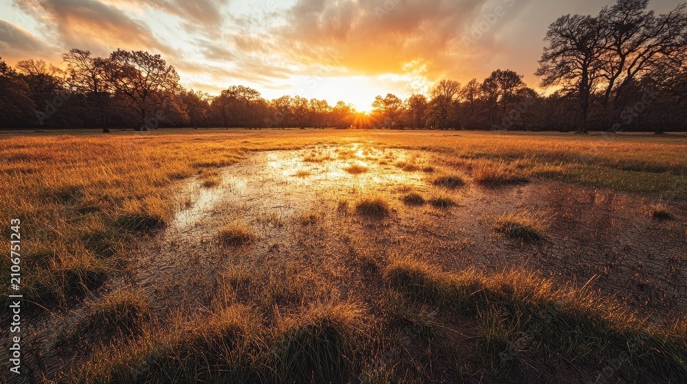 Fototapeta premium Golden sunset illuminates a wet meadow with reflections of the sky and trees in the water