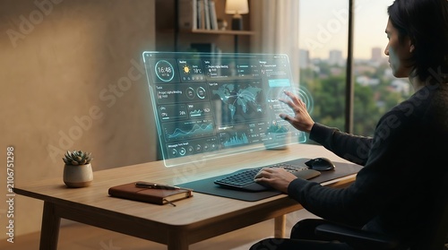Person interacting with futuristic holographic digital data display screen