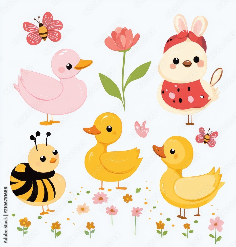 Naklejka premium Cheerful spring illustration of playful yellow ducklings, a pink duck, a bumblebee character, a bunny in a ladybug outfit, butterflies and flowers