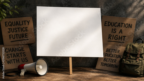 White Sign Board Mockup with Protest Signs and Megaphone