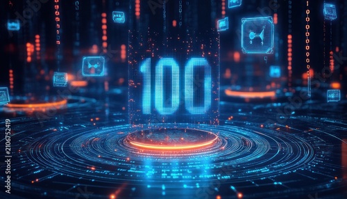 Glowing blue holographic number 100 above an illuminated circular data platform with floating digital cubes, pulsing orange-blue particles and a dynamic futuristic energy