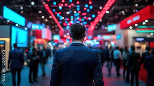 rear view of a suited man standing in a crowded illuminated exhibition hall with red and blue lights, digital displays and bustling attendees, evoking anticipation and focus