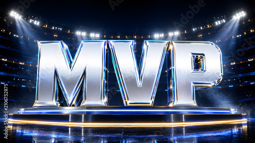 Premium MVP Sports Typography with Iridescent Platinum Chrome 3D Championship Stadium Background