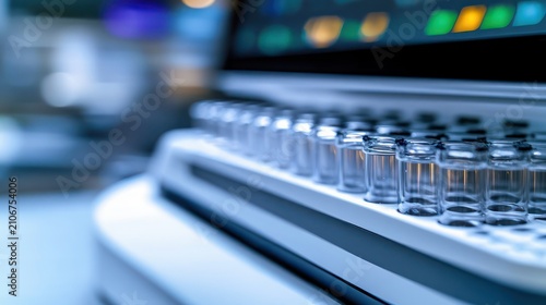 close-up of rows of clear glass vials on an automated laboratory analyzer with blurred monitor lights, conveying sterile precision and focused efficiency