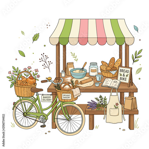 Bild auf Leinwand Wooden table with bicycle and picnic supplies outdoors.