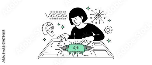 Hearing aid technology developer working on digital audio microchip circuit board for sound accessibility, flat line vector illustration of a female engineer programming modern medical devices system.