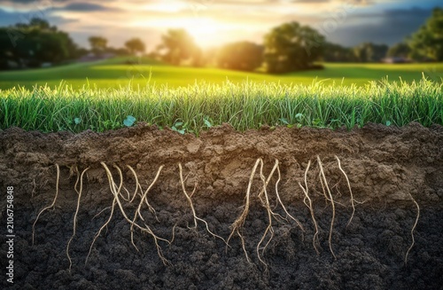 Sunlit green grass with exposed roots and soil cross-section above a peaceful field and distant trees at sunrise, evoking growth and calm