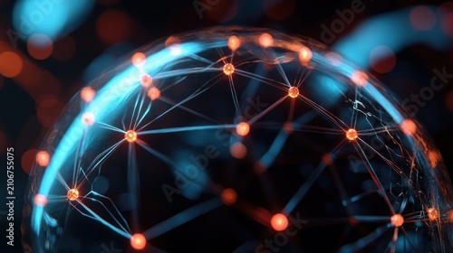 Translucent glass-like sphere filled with glowing orange nodes linked by blue filaments against a dark bokeh background, evoking futuristic wonder and connectivity