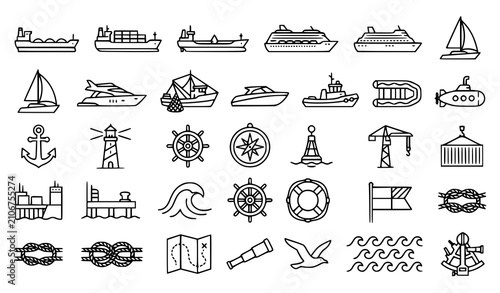 Maritime Ships and Boats Line Icon Set Vector