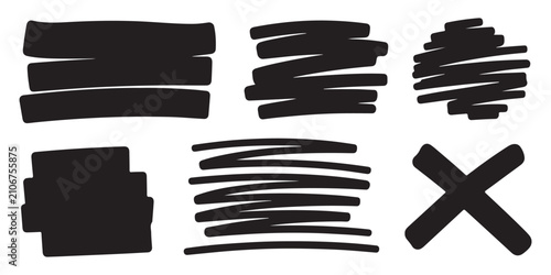 Obraz na plátně Set of black hand drawn highlighter strokes isolated on white background for design elements like shapes frames underlines and markers
