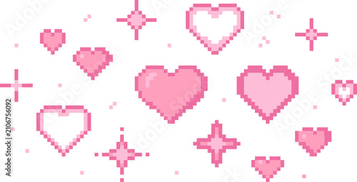 Pixel art pink hearts and sparkles vector set, retro 8-bit aesthetic heart icons, cute gaming style romantic elements for digital design