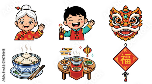 Chinese New Year Celebration Icons: Family, Food, and Tradition