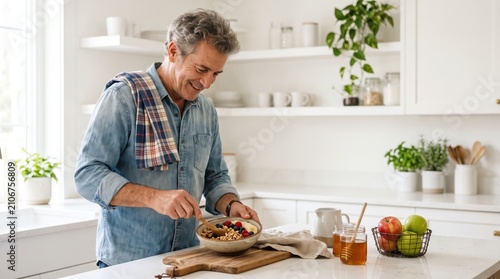 Smiling man preparing a healthy breakfast in a bright modern kitchen at home.