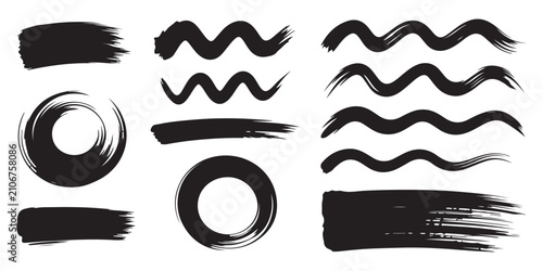 Bild auf Leinwand Collection of black paint brush strokes circles and wavy lines isolated on white background artistic design elements for creative work