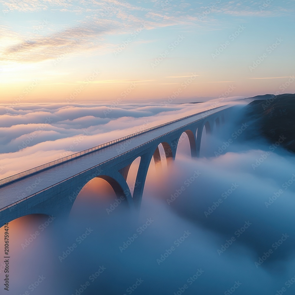 Naklejka premium Serene long arched bridge stretching across a mist-filled valley at sunrise with pastel sky and rolling clouds