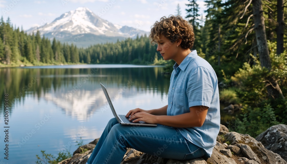Obraz premium Freelancer working remotely on a laptop by a serene lake surrounded by lush forest and mountains.