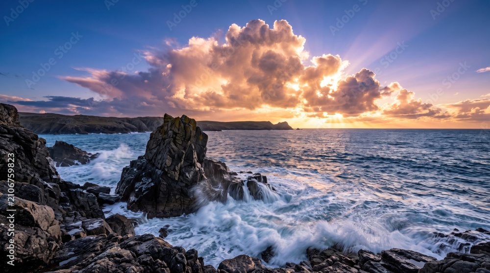 Obraz premium Dramatic coastal sunset waves crashing against rocky cliffs at golden hour