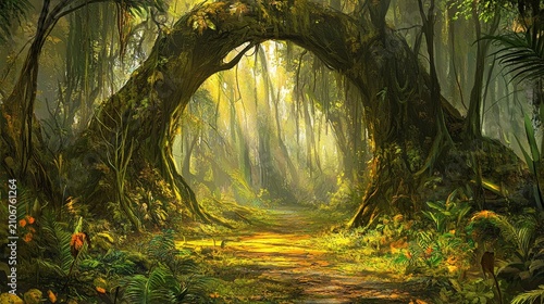 Magical tropical forest scene with a natural archway of ancient trees bathed in warm golden sunset light