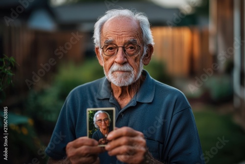 Elderly man holding old photograph in backyard garden, reflective portrait of senior male with glasses