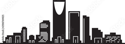 Riyadh city skyline silhouette featuring distinctive iconic kingdom centre tower architecture in minimalist black flat vector shape and cityscape