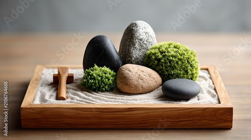 A zen garden with various smooth stones, green moss, and a wooden rake on a bed of white sand