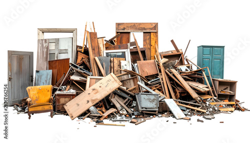 Pile of discarded furniture and debris; doors, wood, and armchair