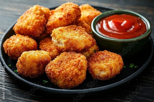 golden crispy breaded nuggets piled on a black plate with a small bowl of rich red ketchup, inviting and appetizing comfort snack on a dark wooden surface