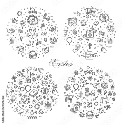 Easter Line Icons Set in Circle Composition. Spring Holiday Symbols Collection