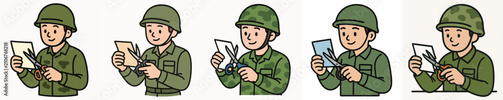 Fototapeta premium Set of vector illustrations of a soldier cutting paper.