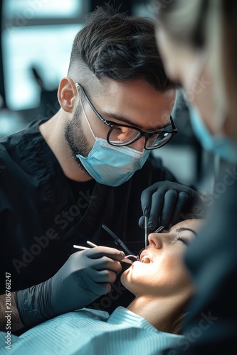 dentist in gloves and mask performing a focused dental procedure on a reclining patient with dental bib, assistant in foreground in a calm clinical setting