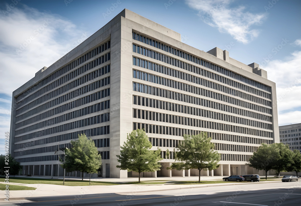 Obraz premium Large concrete government building with many windows and trees along a street on a sunny day, a large concrete government building stands prominently with numerous windows