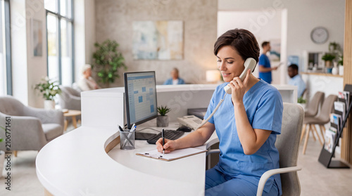 Smiling Asian female healthcare professional in blue scrubs working on computer at clinic desk. Confident young nurse or medical receptionist typing data for online health service and administration
