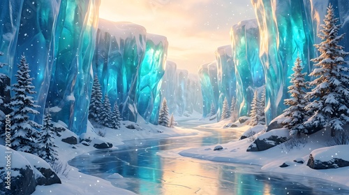 Magical Winter Landscape Featuring Glowing Blue Ice Canyons, Frozen River, and Snow Covered Pine Trees under a Soft Sunset Sky