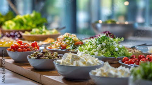 Fresh self-service salad bar with vegetables, cheese, olives and healthy ingredients. Buffet selection for restaurant, catering, hotel breakfast or healthy dining concept.