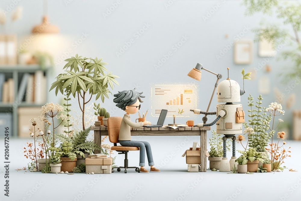 Obraz premium 3D concept of human and robot working together on laptop in green office