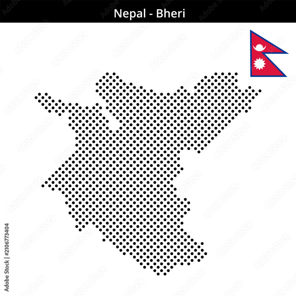 Obraz premium Map of Nepal region Bheri in medium sized cross shaped dots