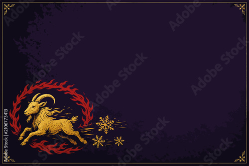 Golden goat leaping through flame wreath with snowflakes. Dark purple luxury holiday card template. Dynamic vector illustration