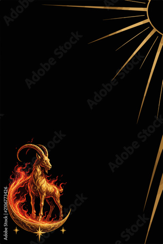 Golden goat on crescent moon with sun rays. Capricorn zodiac and celestial tarot card template. Mystical vector illustration