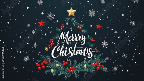 Hand-lettered merry christmas greeting framed by pine branches, holly and red berries forming a triangular tree topped with a gold star and falling snowflakes on a dark night, cheerful