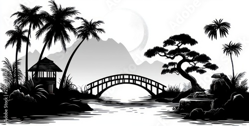 Serene black and white lakeside landscape with arched wooden bridge, calm water reflection, full moon, distant mountains, palm trees, small pavilion and windswept bonsai tree