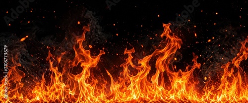 Flames of fire burning intensely against a dark background. The fire flickers with vibrant orange and yellow hues, creating a dynamic and powerful visual