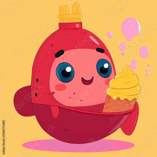 smiling round red submarine-like character holding a yellow soft-serve ice cream cone with pink bubbles on a warm yellow background, cheerful and playful