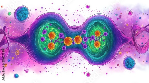 Vibrant microscopic view of two green cells connected by a chain of glowing orange molecules, with floating spheres and twisting purple helix strands, evoking scientific wonder