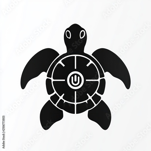 stylized black sea turtle silhouette with geometric shell pattern on white background, calm minimalist feel